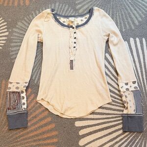 We The Free Cream Long Sleeve Thermal Top with Blue Trim and Patterned Cuffs